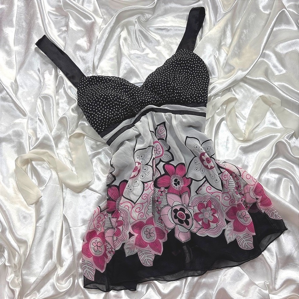 y2k Babydoll Camisole Black Pink Excellent Polka Dot Floral Chiffon Top